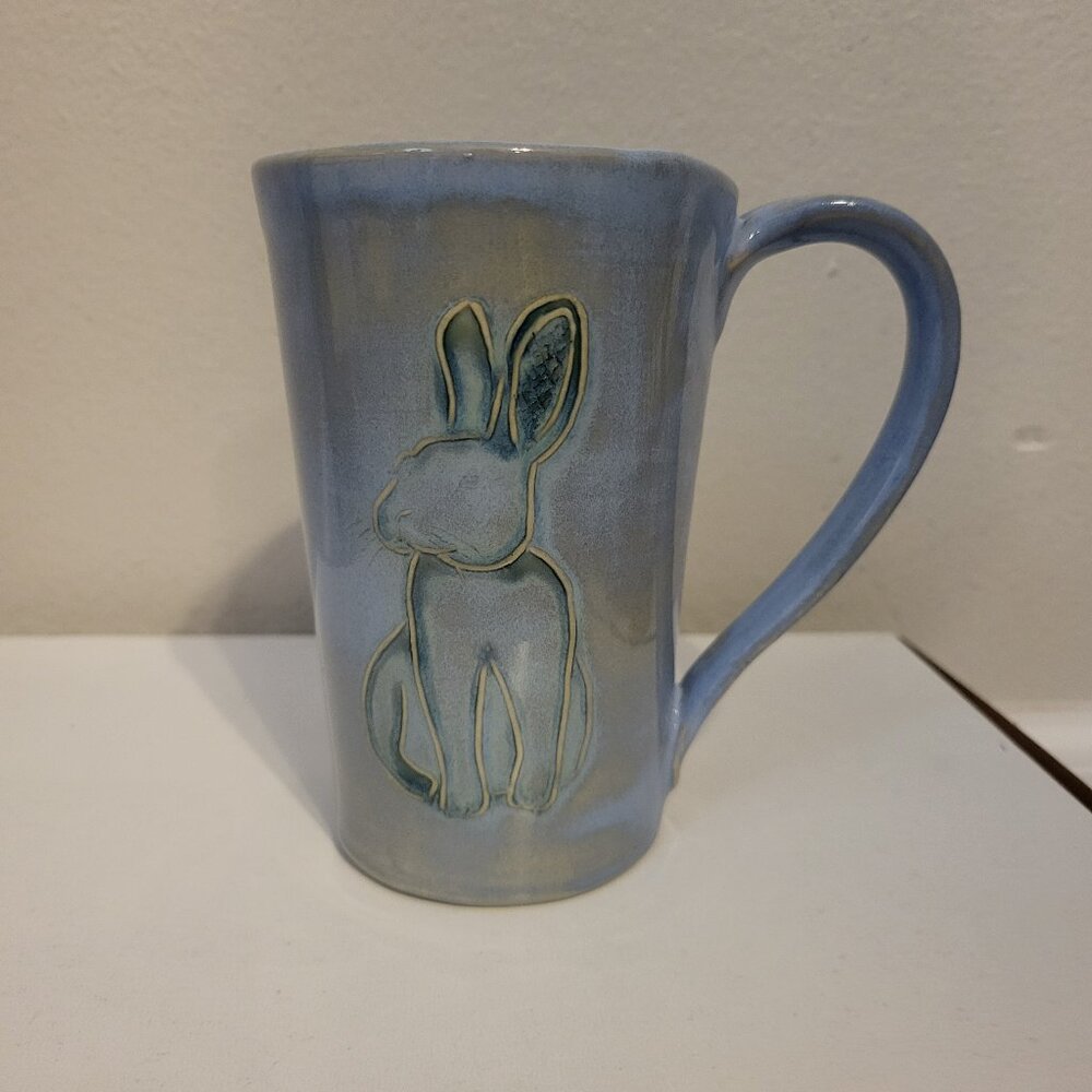 HANDCRAFTED BY JACKPOTS! Unique Blue drip glaze Bunny Rabbit Pottery Mug 12 oz.